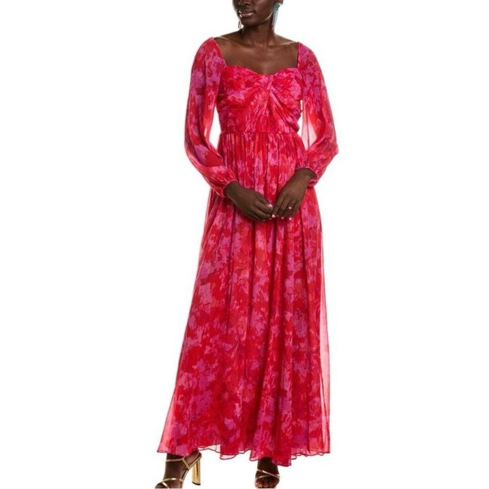 Monique Lhuillier Red Floral Long-Sleeve Maxi Dress